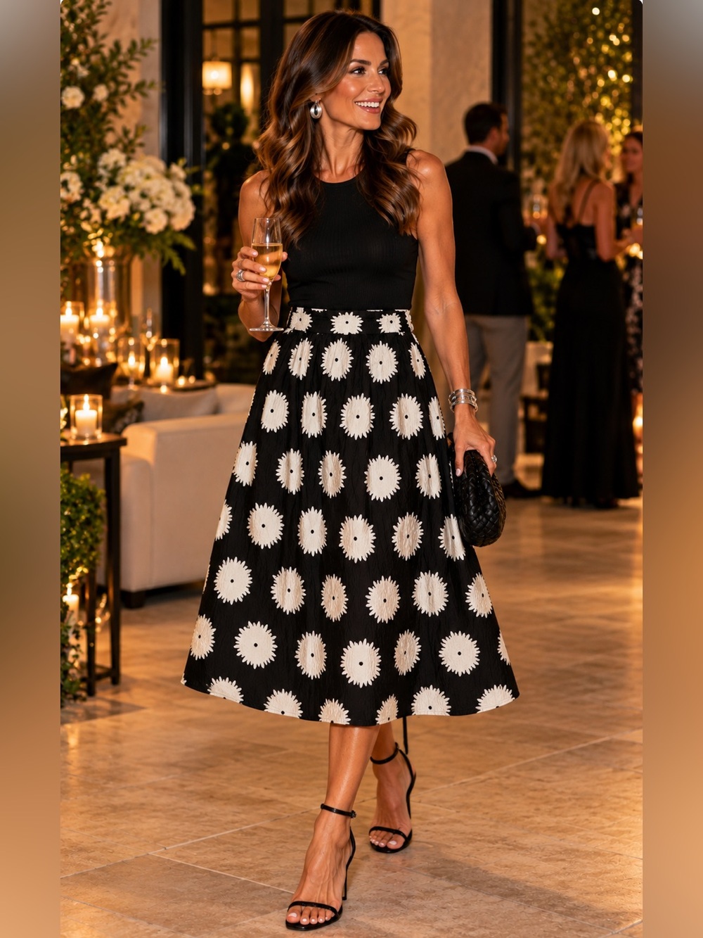 Kate Spade New York Black White Floral Midi Skirt Size M Textured Fabric